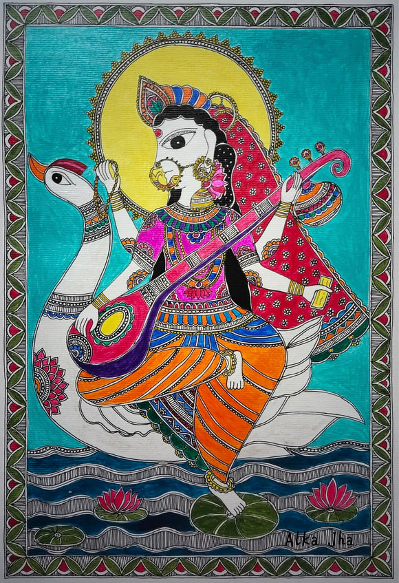 SARASWATI JI IN MADHUBANI PAINTING