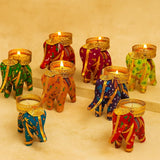 Handcrafted Recycled Material Elephant Tealight Candle Holder Set of 6 Handmade Elephant Candle Stand Diwali Decorations (Multicolor)