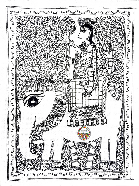 Madhubani painting Royal Mahout coloring page, hand drawn Mahout painting, digital download, coloring pages, original painting, mithila art