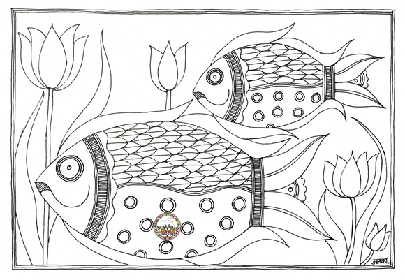 Madhubani painting fish coloring page, hand drawn fish painting, digital download, coloring pages, original painting, mithila art, indian