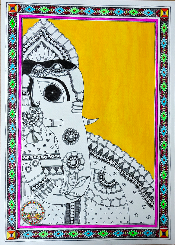 GANESHA HANDMADE MADHUBANI ARTWORK ON HANDMADE PAPER