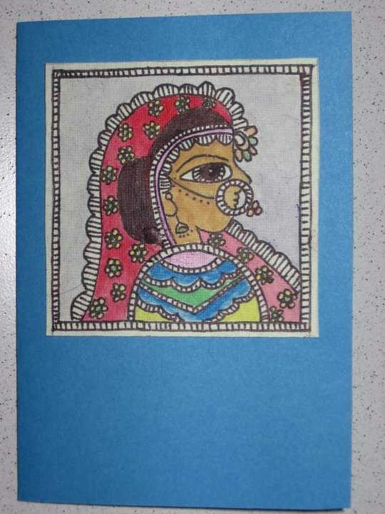 Pastel coloured handmade note Card, Hand painted Madhubani bride illustration Greeting Card