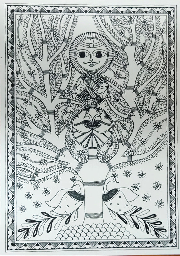 Madhubani painting on handmade Paper DIY hand drawn painting