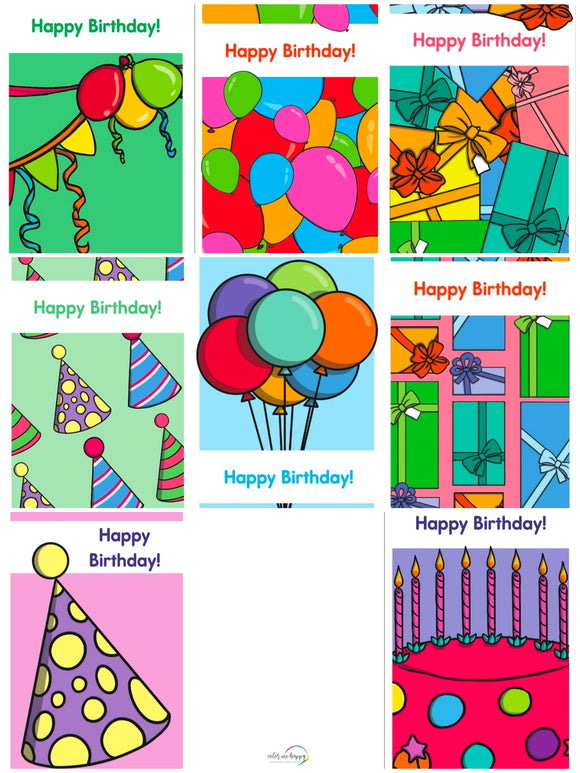 BIRTHDAY CARDS COLORED. PDF DOCUMENT ONLY.