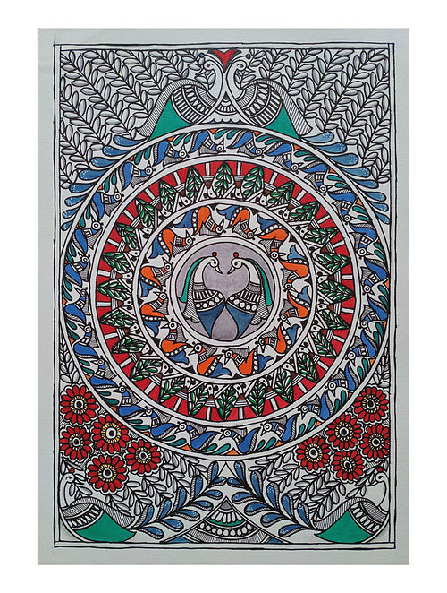 Peaking Peacock Multicolor Handmade Madhubani Artwork on handmade paper